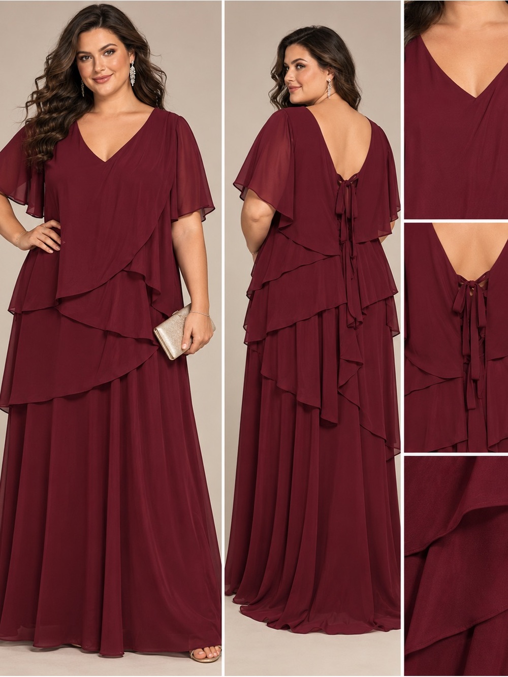 Plus Size Burgundy Chiffon Ruffle Maxi Formal Dress 3X Corset Back